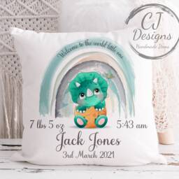 Personalised Dinosaur Cushion Cute New Baby Chistening Gift Keepsake White Canvas Cover Pink Or Green - thumbnail 2