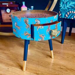 Light Blue & Orange Tiger Bedside Table With Gold Handle . Ideal For Nightstand Or Sidetable Round Drawer. Customisable - thumbnail 3