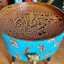 Light Blue & Orange Tiger Bedside Table With Gold Handle . Ideal For Nightstand Or Sidetable Round Drawer. Customisable - thumbnail 4