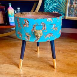 Light Blue & Orange Tiger Bedside Table With Gold Handle . Ideal For Nightstand Or Sidetable Round Drawer. Customisable