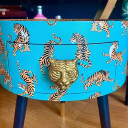 Light Blue & Orange Tiger Bedside Table With Gold Handle . Ideal For Nightstand Or Sidetable Round Drawer. Customisable - thumbnail 2