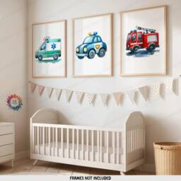 Transport Nursery Wall Art - Set Of 3 Watercolour Posters - Boys Bedroom Artwork Girls Prints Decor Kids Police, Fire, Ambulance Vehicle - thumbnail 1