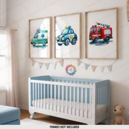 Transport Nursery Wall Art - Set Of 3 Watercolour Posters - Boys Bedroom Artwork Girls Prints Decor Kids Police, Fire, Ambulance Vehicle - thumbnail 2