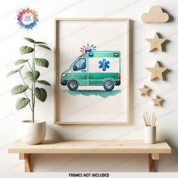 Transport Nursery Wall Art - Set Of 3 Watercolour Posters - Boys Bedroom Artwork Girls Prints Decor Kids Police, Fire, Ambulance Vehicle - thumbnail 3