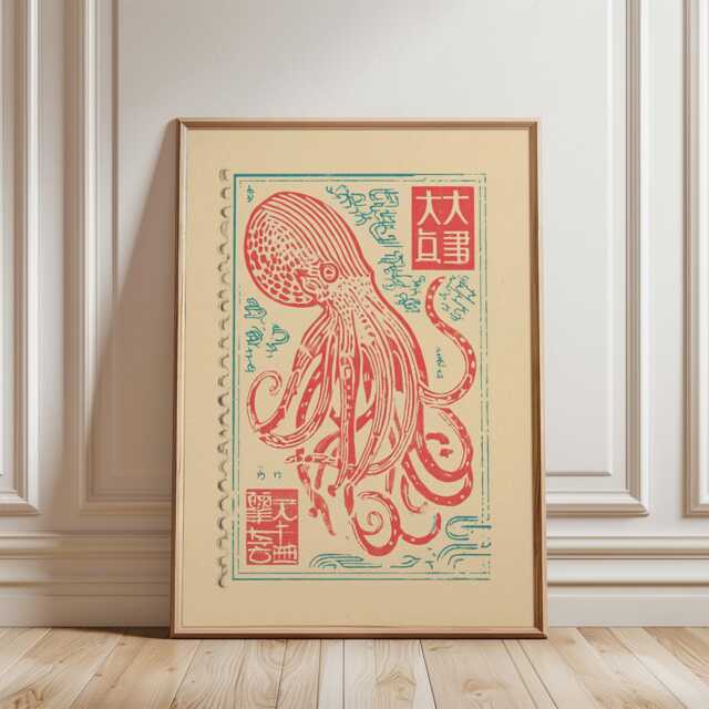 Red Octopus Poster - Japanese Folk Linocut Illustration Marine Wall Art - image 1