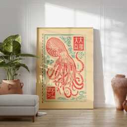 Red Octopus Poster - Japanese Folk Linocut Illustration Marine Wall Art - thumbnail 3