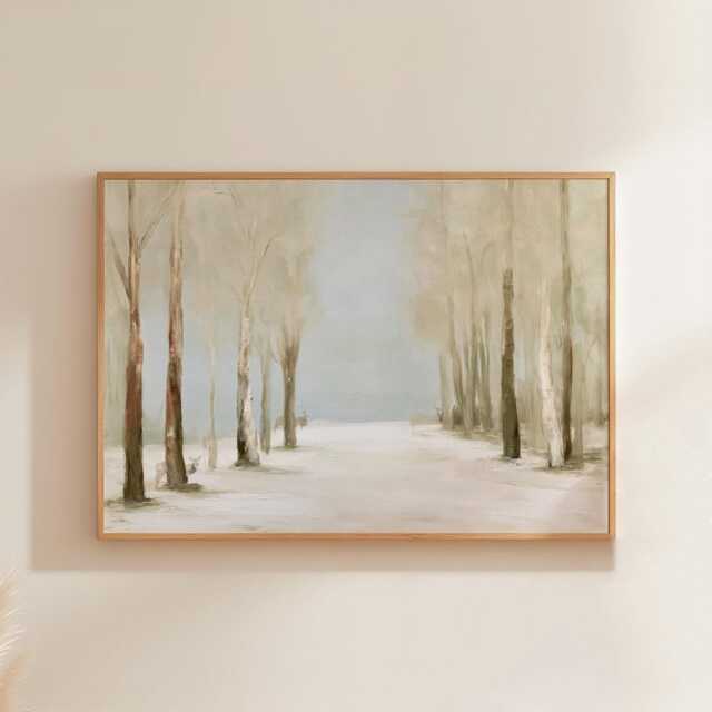 Neutral Forest Poster, Misty Lake Wall Art, Soft Woodland Painting - image 1