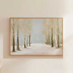 Neutral Forest Poster, Misty Lake Wall Art, Soft Woodland Painting - thumbnail 1