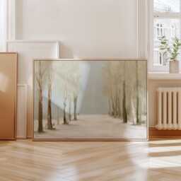 Neutral Forest Poster, Misty Lake Wall Art, Soft Woodland Painting - thumbnail 4