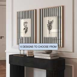 striped Botanical Print Set Of 2, Black & White Vintage Botanicals, Monochrome Wall Art - thumbnail 2