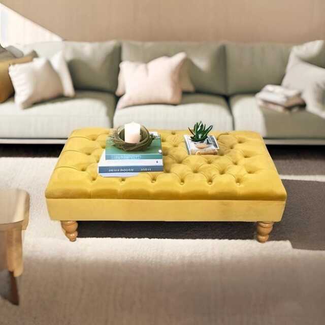 Chesterfield Plush Velvet Footstool - Tufted Ottoman With Wooden Legs - image 1