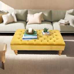 Chesterfield Plush Velvet Footstool - Tufted Ottoman With Wooden Legs