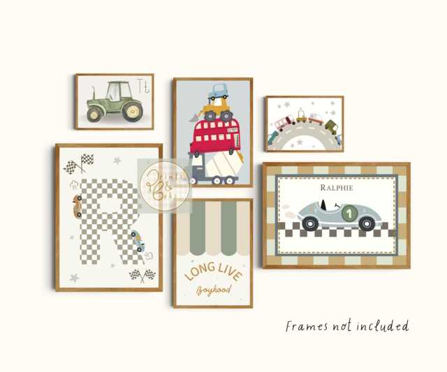 Sage Green & Blue Nursery Children's Prints, Race Car Initial Gallery Wall Set - Unframed - image 1