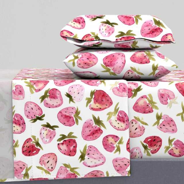strawberries Sheets - By Daria_Nokso Watercolor Fruit Summer Plant Red Berry Cotton Sateen Sheet Set Bedding Spoonflower - image 1