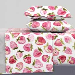 strawberries Sheets - By Daria_Nokso Watercolor Fruit Summer Plant Red Berry Cotton Sateen Sheet Set Bedding Spoonflower