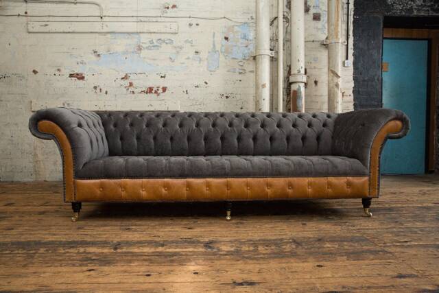 Handmade Large 4 Seater Slate Grey Velvet & Vintage Tan Leather Chesterfield Sofa - image 1