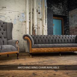 Handmade Large 4 Seater Slate Grey Velvet & Vintage Tan Leather Chesterfield Sofa - thumbnail 4