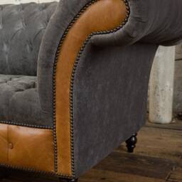 Handmade Large 4 Seater Slate Grey Velvet & Vintage Tan Leather Chesterfield Sofa - thumbnail 2