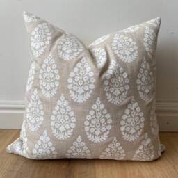 Designer Modern Coastal Boho White Sandy Beige Oatmeal Block Print Floral Pillow Cover Available in Multiple Sizes Scandinavian Bedroom - thumbnail 2