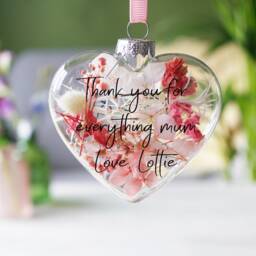 Mother's Day Glass Heart Flower Decoration - Thank You Mom Love Message Gift Pink Bauble Happy Dried Flowers