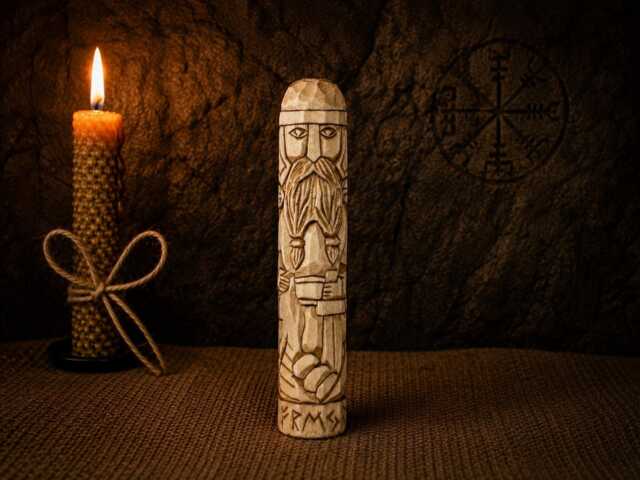 Hand Carved Freyr Statue, Norse God Of Prosperity, Wooden Viking Figurine - 15cm - image 1