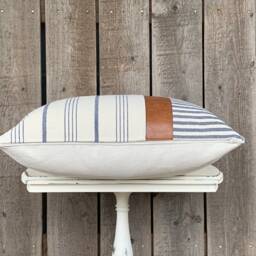 1 Modern Farmhouse Wide Striped Pillow Cover W/Faux Leather Accent - Woven Stripe Cream Backing Choose Your Pattern - thumbnail 4