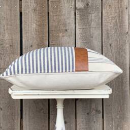 1 Modern Farmhouse Wide Striped Pillow Cover W/Faux Leather Accent - Woven Stripe Cream Backing Choose Your Pattern - thumbnail 2