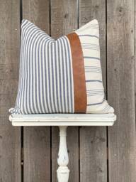 1 Modern Farmhouse Wide Striped Pillow Cover W/Faux Leather Accent - Woven Stripe Cream Backing Choose Your Pattern - thumbnail 1