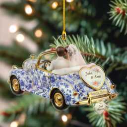 Personalized Just Married Chinoiserie 2D Flat Ornament, Wedding Car Couple Gift Keepsake, For Newlywed, Mr & Mrs Xmas Decor - thumbnail 1