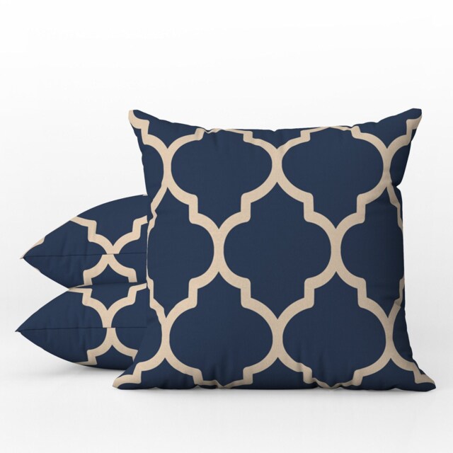 Outdoor Pillows - Weatherproof Garden Cushions Abstract Quatrefoil Pattern Navy Blue & Ecru Print Hamptons Beach House Style - image 1