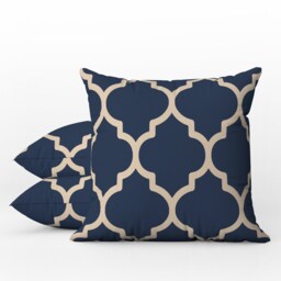 Outdoor Pillows - Weatherproof Garden Cushions Abstract Quatrefoil Pattern Navy Blue & Ecru Print Hamptons Beach House Style - thumbnail 1