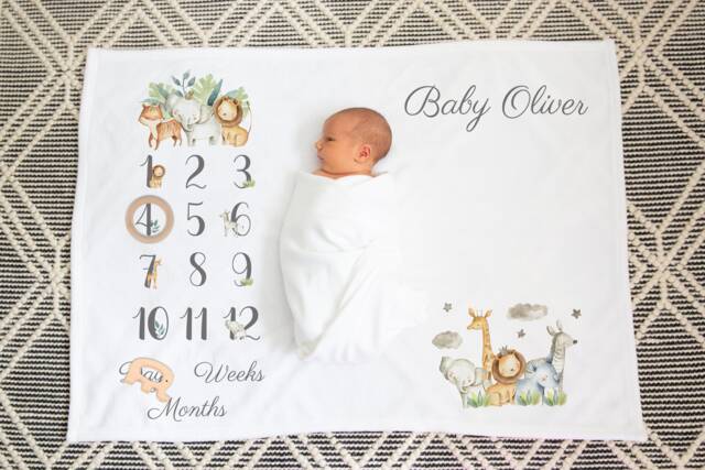 Personalised Baby Milestone Blanket & Cards Set - 1st Year Memory Book Custom Name Gift Newborn Photo Prop Safari Keepsake - image 1