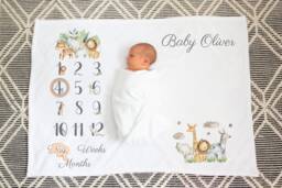 Personalised Baby Milestone Blanket & Cards Set - 1st Year Memory Book Custom Name Gift Newborn Photo Prop Safari Keepsake - thumbnail 1