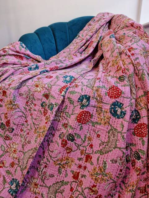 Kantha Stitch Pure Cotton Reversible Bed/Sofa Throw King Size - Tropical Floral Handprinted Dohar Indian Blankets - Pink Garden Blossom - image 1