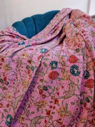 Kantha Stitch Pure Cotton Reversible Bed/Sofa Throw King Size - Tropical Floral Handprinted Dohar Indian Blankets - Pink Garden Blossom - thumbnail 1