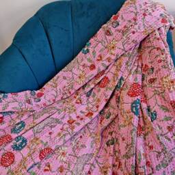 Kantha Stitch Pure Cotton Reversible Bed/Sofa Throw King Size - Tropical Floral Handprinted Dohar Indian Blankets - Pink Garden Blossom - thumbnail 2