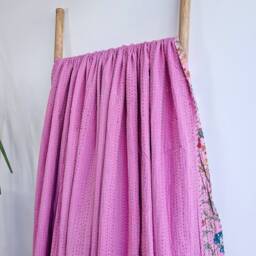 Kantha Stitch Pure Cotton Reversible Bed/Sofa Throw King Size - Tropical Floral Handprinted Dohar Indian Blankets - Pink Garden Blossom - thumbnail 3