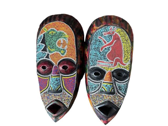 Hand-Beaded African Wood Wall Mask - Tribal Lion & Rabbit Decor - image 1
