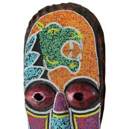 Hand-Beaded African Wood Wall Mask - Tribal Lion & Rabbit Decor - thumbnail 2