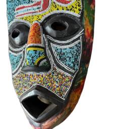 Hand-Beaded African Wood Wall Mask - Tribal Lion & Rabbit Decor - thumbnail 3
