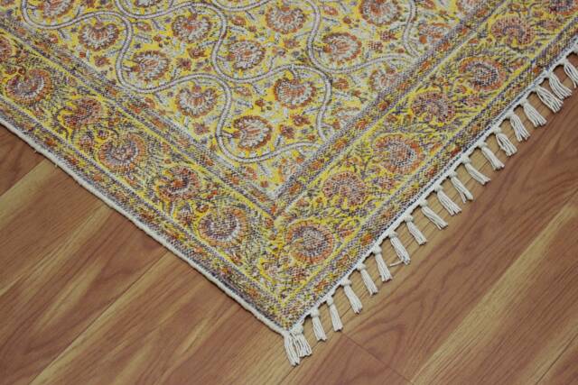 Yellow Mustard Paisley Cotton Rug 5x7, Hand Block Printed Persian Style Dhurrie - image 1
