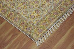 Yellow Mustard Paisley Cotton Rug 5x7, Hand Block Printed Persian Style Dhurrie - thumbnail 1