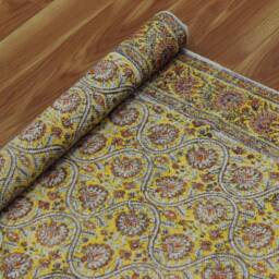 Yellow Mustard Paisley Cotton Rug 5x7, Hand Block Printed Persian Style Dhurrie - thumbnail 2