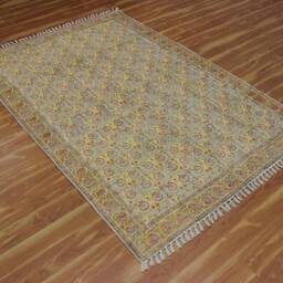 Yellow Mustard Paisley Cotton Rug 5x7, Hand Block Printed Persian Style Dhurrie - thumbnail 3