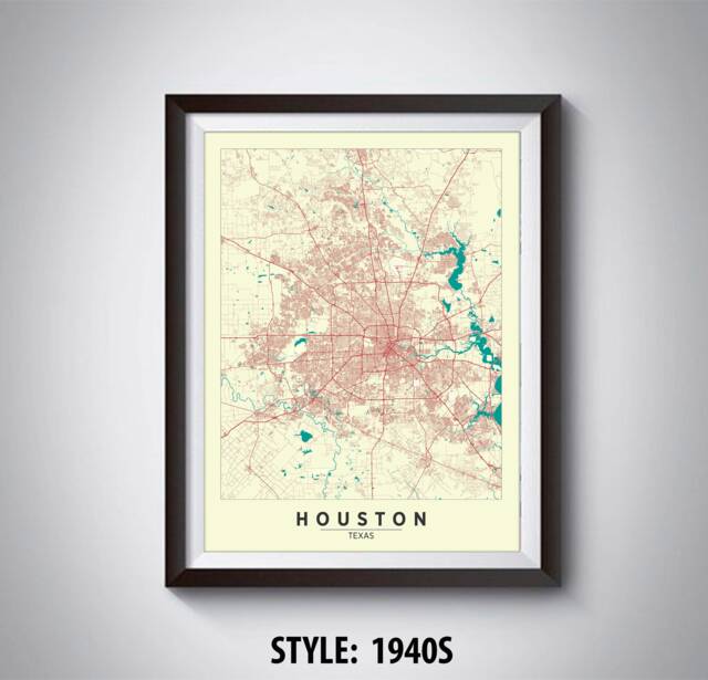 Houston Tx Map Art Print Vintage Style Travel Poster - image 1