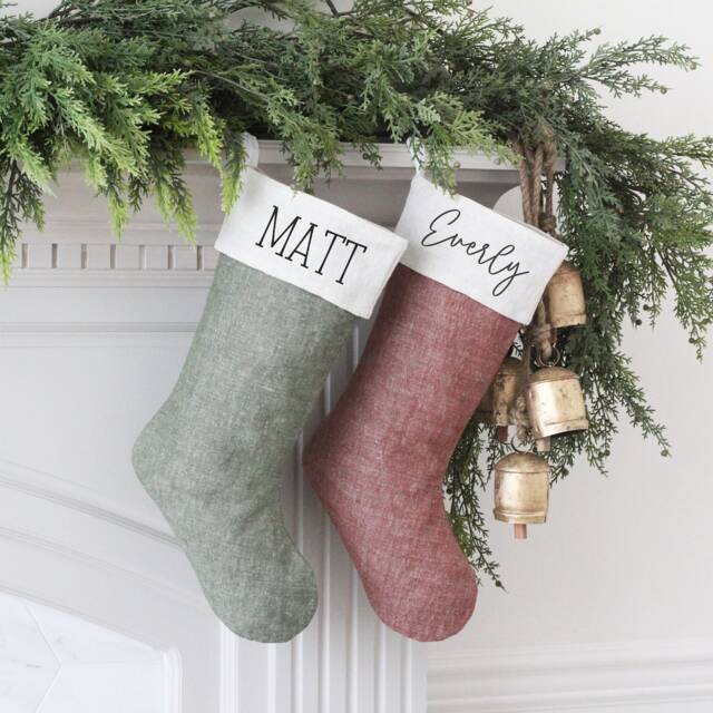 Christmas Stocking Personalized - Customized Name Stockings Red Green Stonewashed Linen Custom Xmas Sock - image 1