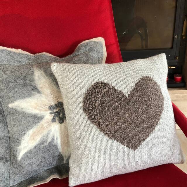 Hand Knit Alpaca Throw Pillow Silver Grey Cushion With Embroidered Heart - image 1