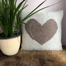 Hand Knit Alpaca Throw Pillow Silver Grey Cushion With Embroidered Heart - thumbnail 3