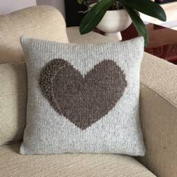 Hand Knit Alpaca Throw Pillow Silver Grey Cushion With Embroidered Heart - thumbnail 2