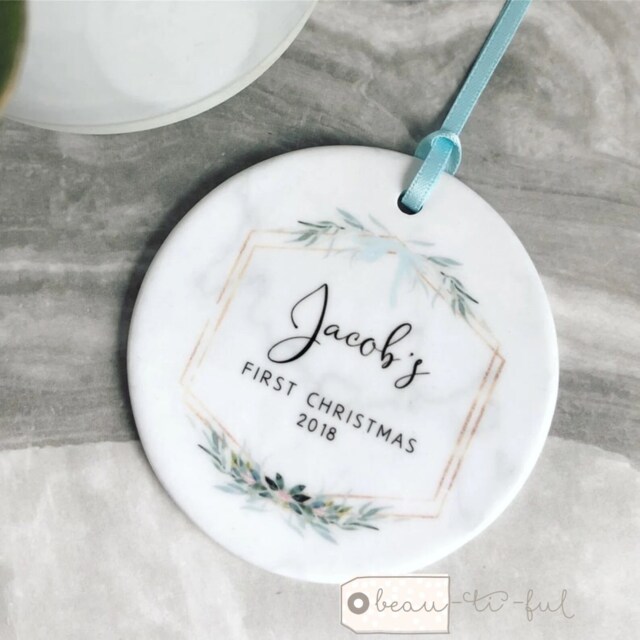 Personalised First Christmas Gift Baby Boy Girl Newborn Geometric Greenery Leaf Bow Design Ceramic Or Acrylic Round Ornament Keepsake - image 1